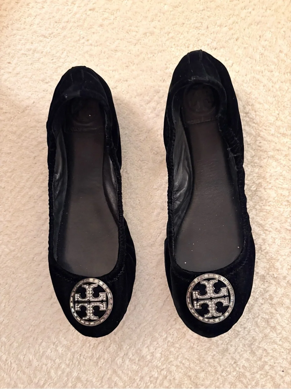 Tory Burch Black Velvet Ballet Flats with Silver Logo Medallion